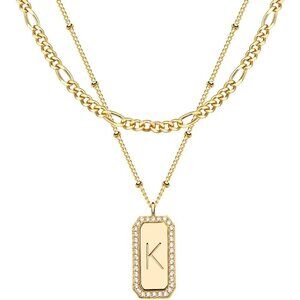 Gold Initial Necklace for Women 14K Gold Plated Figaro Chain Choker Layered Neck